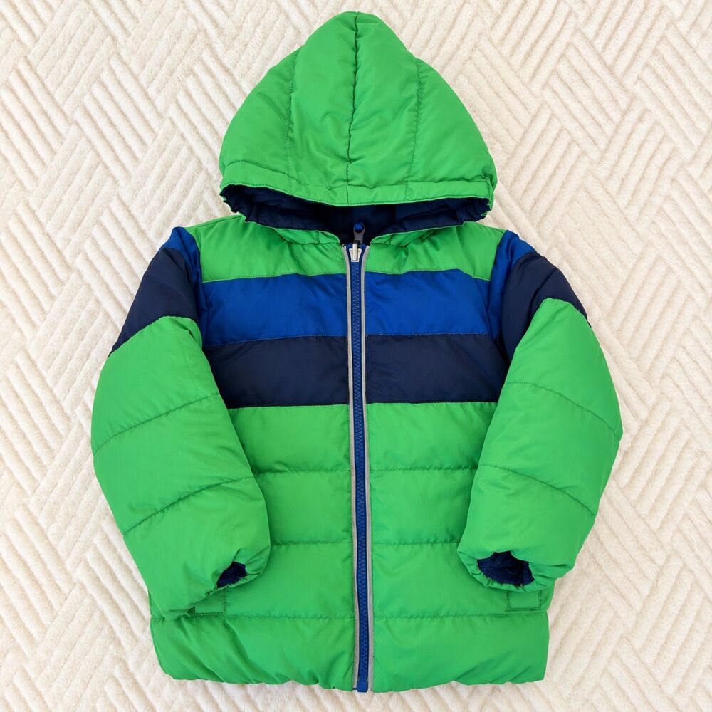 Hanna Andersson Size 90 3T Reversible Down Puffer Jacket Green Navy Hooded Coat